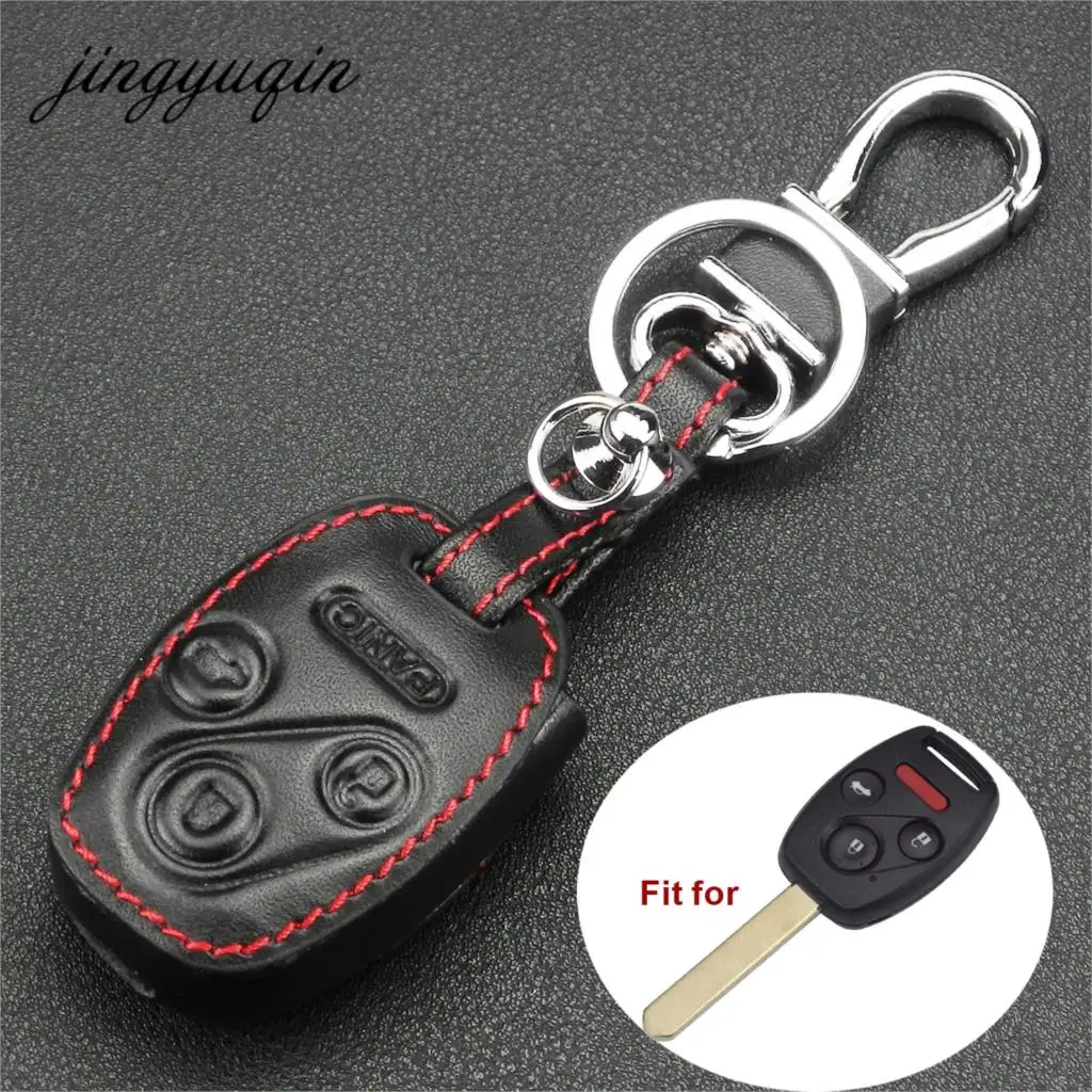 jingyuqin 4 Button Remote Leather Key Case for Honda Accord CR-V Civic Insight Ridgeline 3 Button+Panic Key Fob Holder Cover