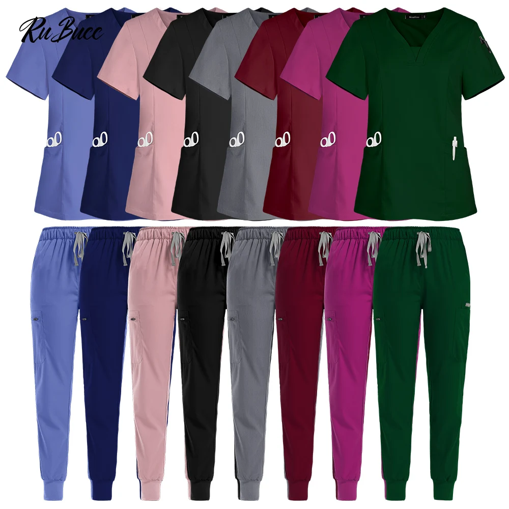 

Nurse Uniforms Women Short Sleeved V-neck Shirt Tops+Elastic Pants 2pcs Sets Pharmacy Worker Clothes Doctor Frosted Nursing Suit