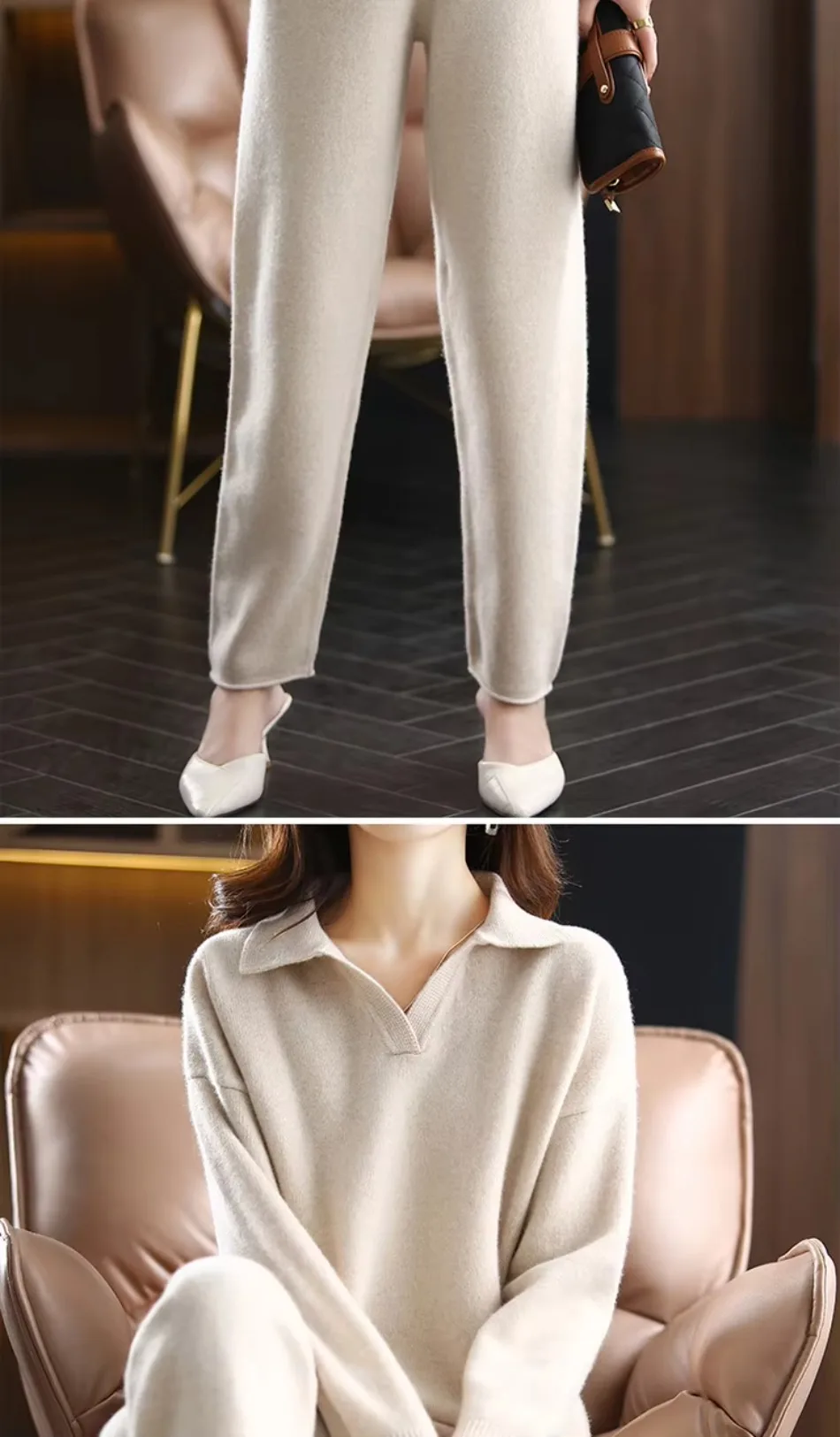 Winter 2026 Neuer Kaschmiranzug für Damen, lockerer Pullover mit Revers, lässige, weit geschnittene Hose, gestrickt, 100 % reine Wolle, zweiteiliger Anzug – Detail 10