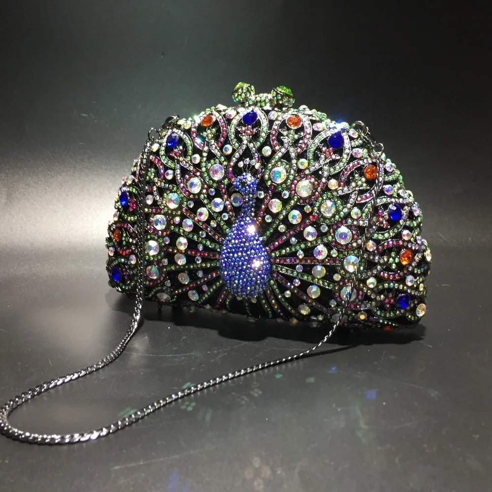Peacock Rhinestone Women Bags Luxury Bling Shiny Handbags Metal Chain Crystal Party Bags Elegant Designer Eveing Clutch Purse