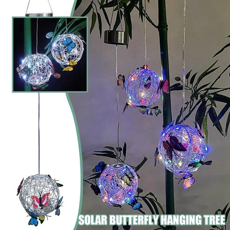 Garden Hanging Round Ball Light With Butterfly With Weaving Lamp Solar Decorative Nightlight Outdoor Decorative Metal