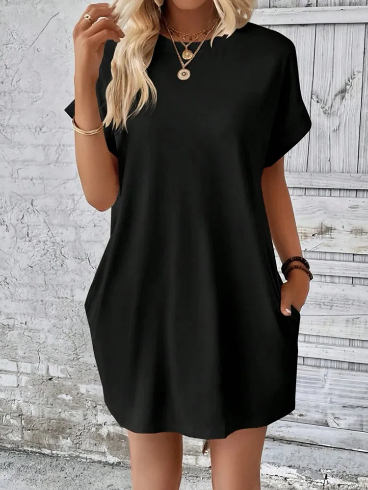 Dresses Solid Color Summer Thin Round Neck Mid-length Breathable Regular Fashion Casual Short-sleeved Simple Luxury Lazy Women's