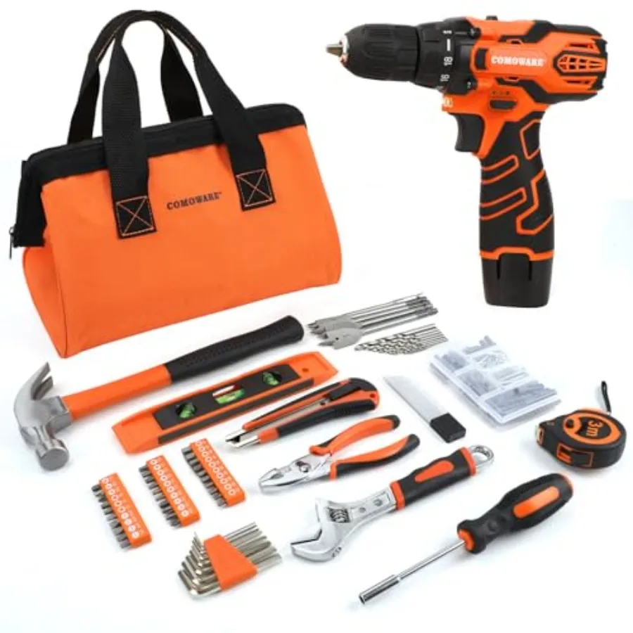 

12V Cordless Drill Set 169Pcs Hand Tool Set with Cordless Drill Driver Complete Repair Tool Kit for Men Storage Bag Id