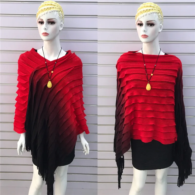 

2022 Spring Autumn New Women Loose Irregular Tassel Cloak Shawl Lady Knitted Poncho Cape Female Sweater Coat Red