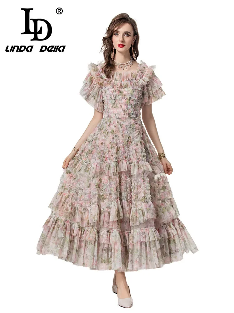 

LD LINDA DELLA 2024 Summer Luxury Dress Women's Small Floral Print Cascading Ruffle Net Yarn Elastic Waist Temperament Dresses