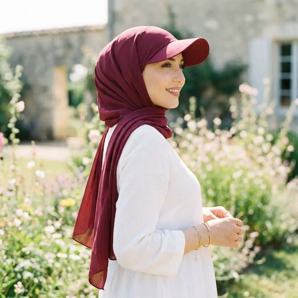 Long Solid Color Brim Bandana Cap Simple Adjustable Sun Visor Turban Breathable Polyester Hijab Shawl Hat Middle Eastern Style