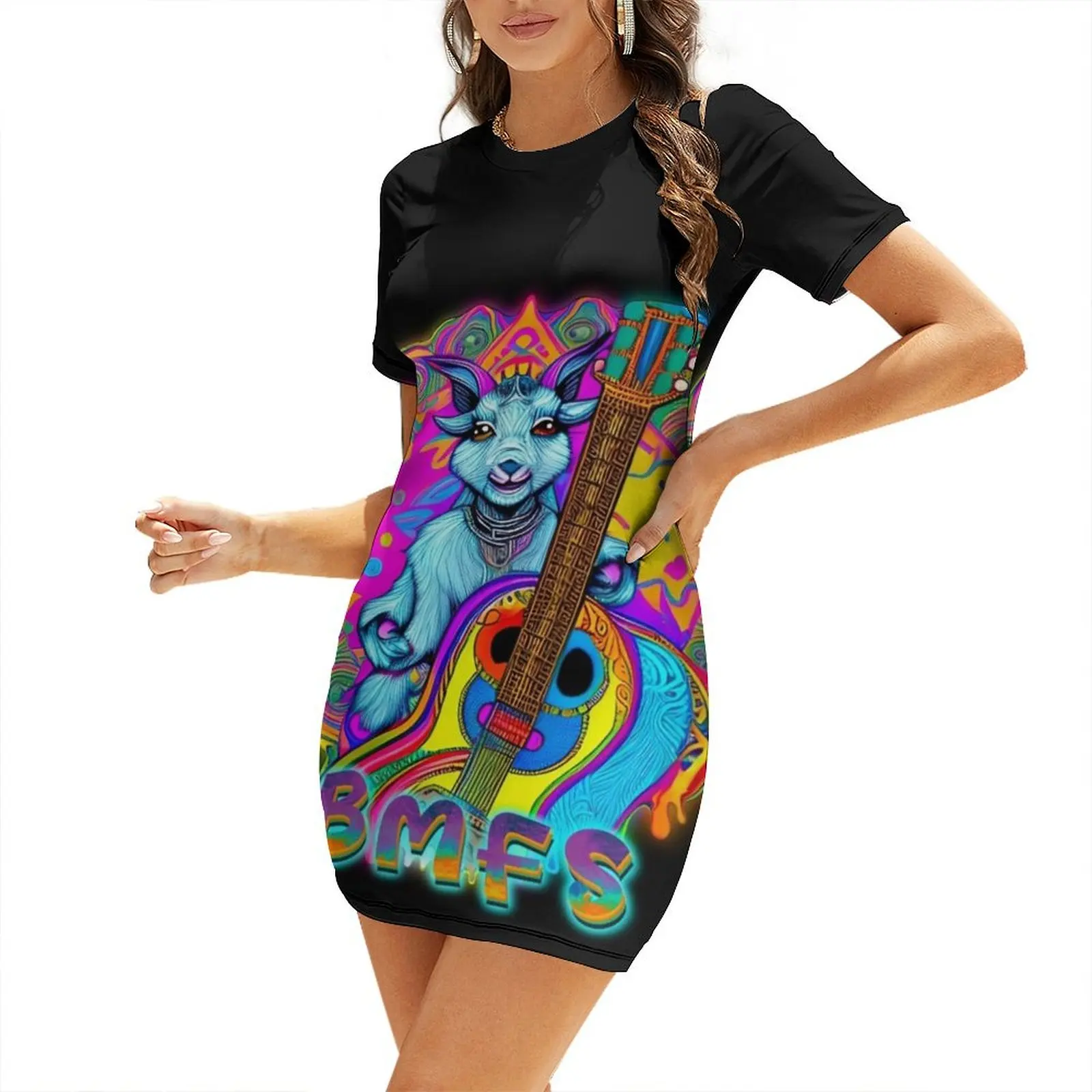 

BMFS Psychedelic Goat with guitar - Billy strings Love Short Sleeved Dress womens clothing