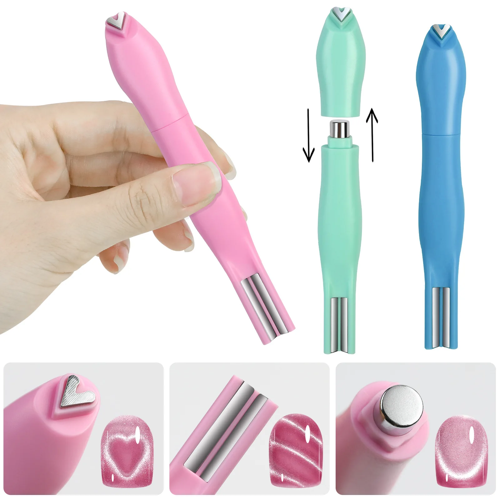 Aimant pour ongles œil de chat 3 en 1, cœur d'amour/français/effet Double ligne, bâton magnétique, vernis Gel œil de chat, stylo magnétique, outil d'art des ongles, 1 pièce