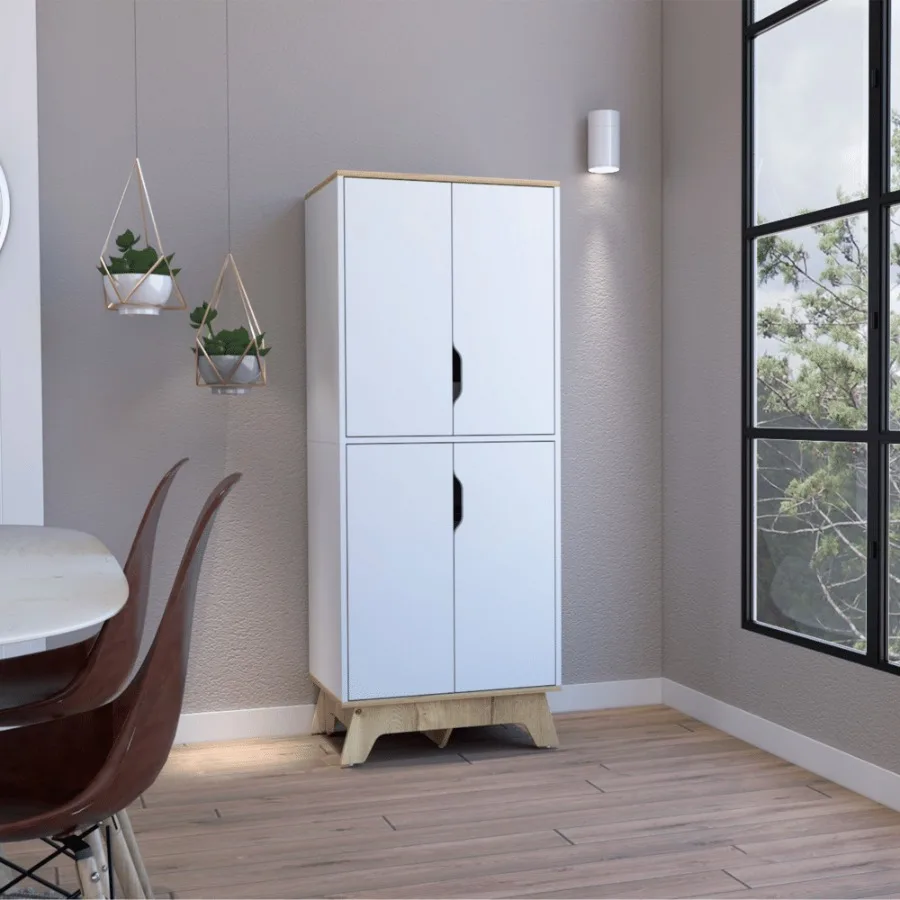 

Double Kitchen Pantry Wallas Double Door Four Legs Four Shelves Light Oak White Finish