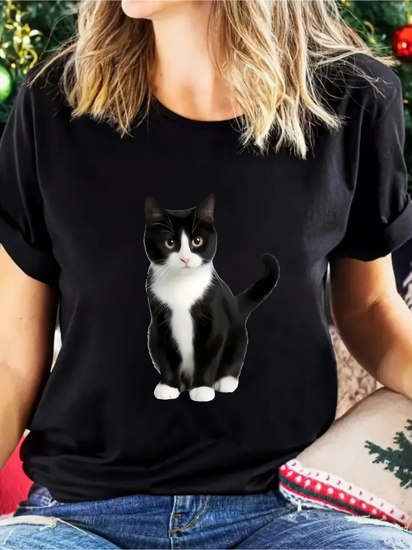 T-shirt casual da donna con stampa gatto bianco girocollo manica corta top primavera ed estate t-shirt casual con gatto grafica giocosa estiva