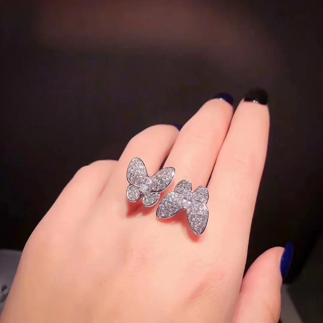 Sterling Silver 925 Ring Sweet Temperament Luxury Brand Pave Diamond Open 2 Butterflies Finger Rings for Women Wedding love Gift