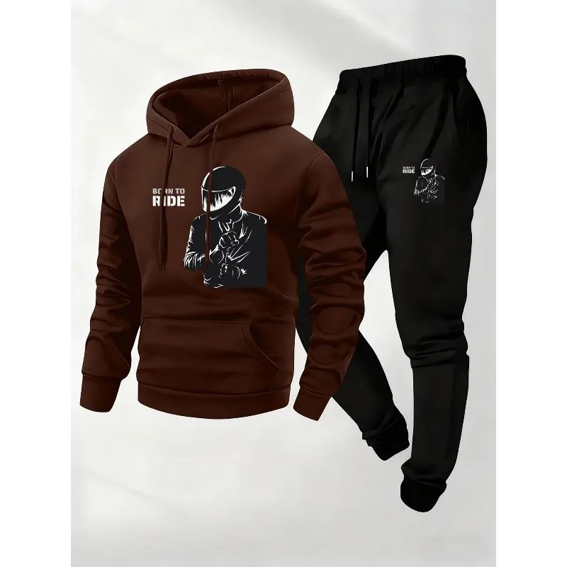 Мужская толстовка и брюки с 3D-принтом и логотипом Motorcycle Rider Born To Ride, повседневный осенне-зимний комплект, простой и удобный Мужская толстовка и брюки с 3D-принтом и логотипом Motorcycle Rider Born To Ride, повседневный осенне-зимний комплект, простой и удобный