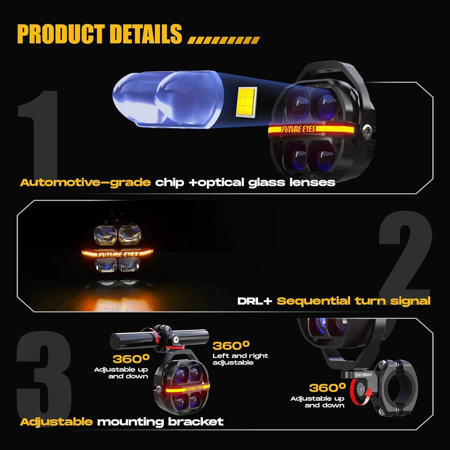 Motorcycle Driving Lights – 180W LED Fog Lights with Amber & White Beams, Waterproof Auxiliary Spotlights with DRL, Strobe
