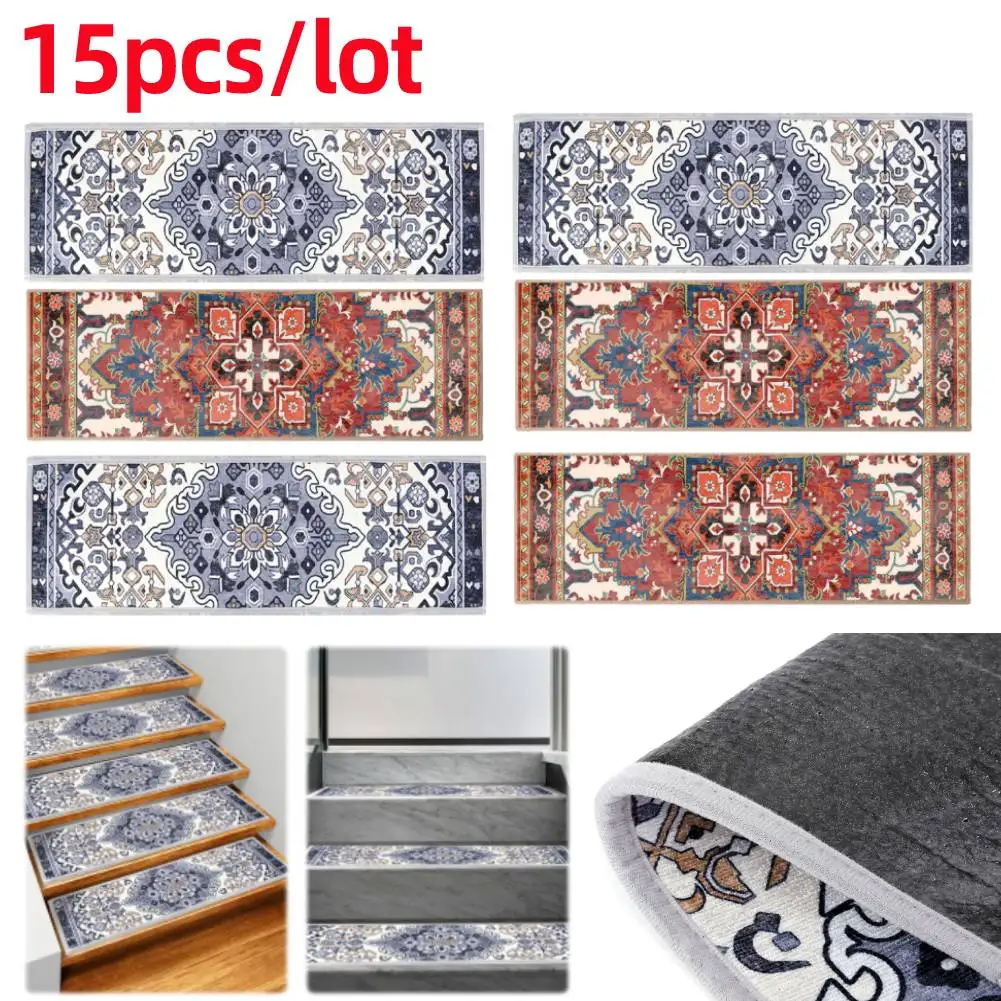 

15PCS Carpet Stair Treads Set Self-adhesive Backing Non Slip Rug Tread Reusable Indoor Stair Rugs Bohemian for Dogs Kids & Elder