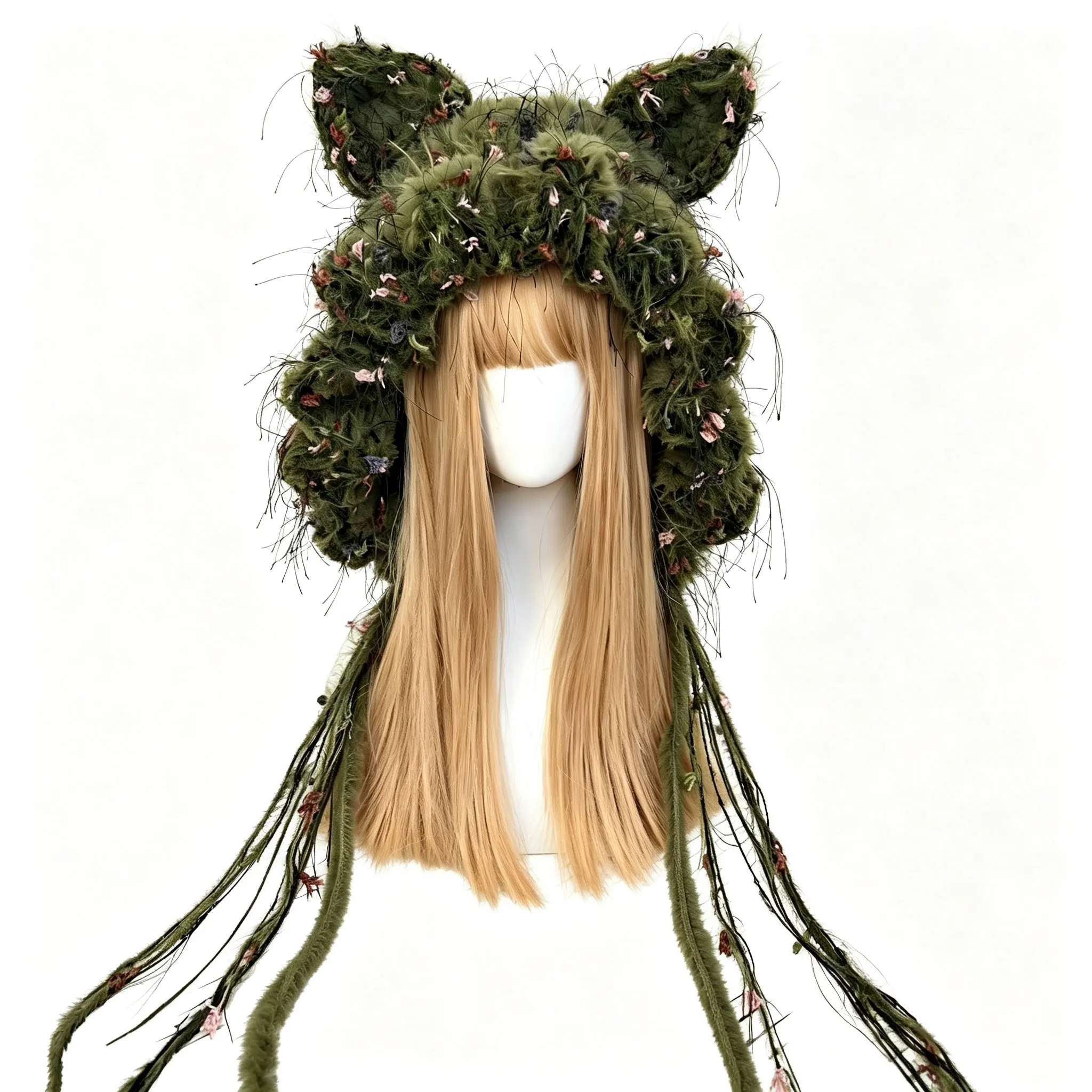 Handmade Moss Green Cat Ear Hat Women Custom Crochet Soft Floral Knit Beanie Girl Forest Cosplay Casual Winter Warm Earflap Cap