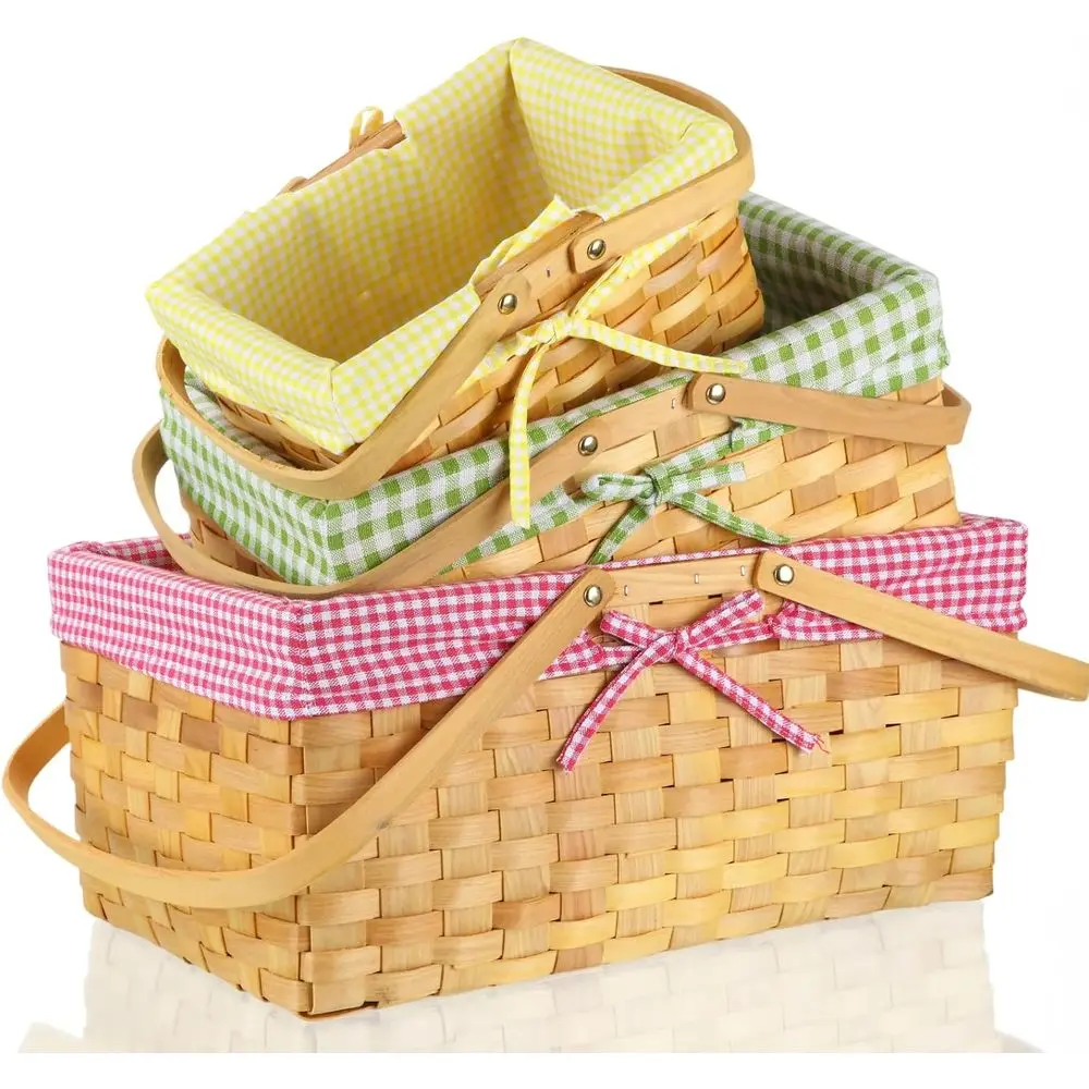 

3 Pcs Dierent Sizes Picnic Basket with Handles Plaid Gingham Checkered Liner Basket Rustic Woven Hamper or Spring Easter Picnic