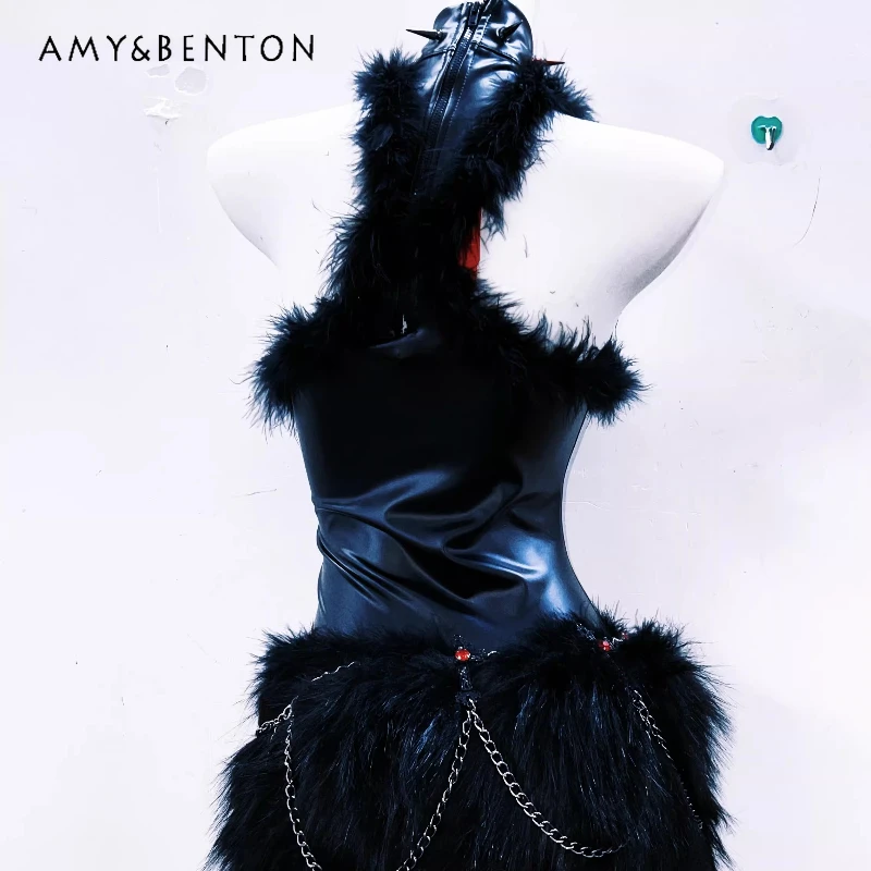 

Gothic Dark Original Furry Halter Women's Dress Punk Retro Design Black Sweet Cool Hot Girl Sexy Furry Leather Dresses Ladies