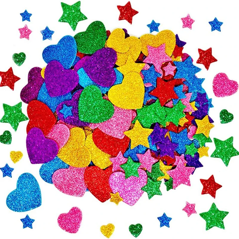 50-250 Uds. Pegatinas de espuma con purpurina coloridas, autoadhesivas, estrellas, corazones, suministros para manualidades para niños, tarjetas de felicitación, juguete de decoración del hogar