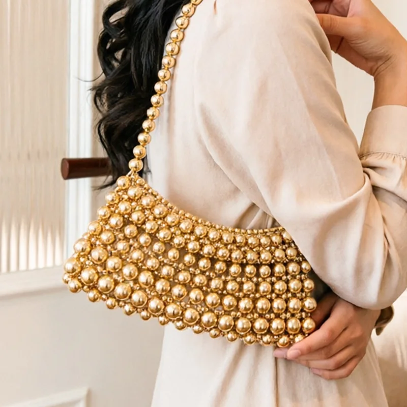 2026 New Style Handmade Golden Beaded Bag Women's Golden Hollowed-out Knitted Shoulder Bag Female Daily Party Clutch Bag
