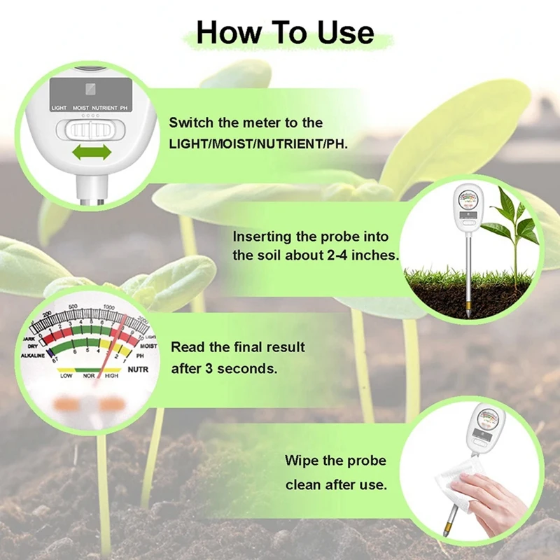 1 Piece 4-In-1 Soil Moisture Meter Plant Moisture Meter Soil Water Meter White For Garden/Farm/Indoor And Outdoor Plants