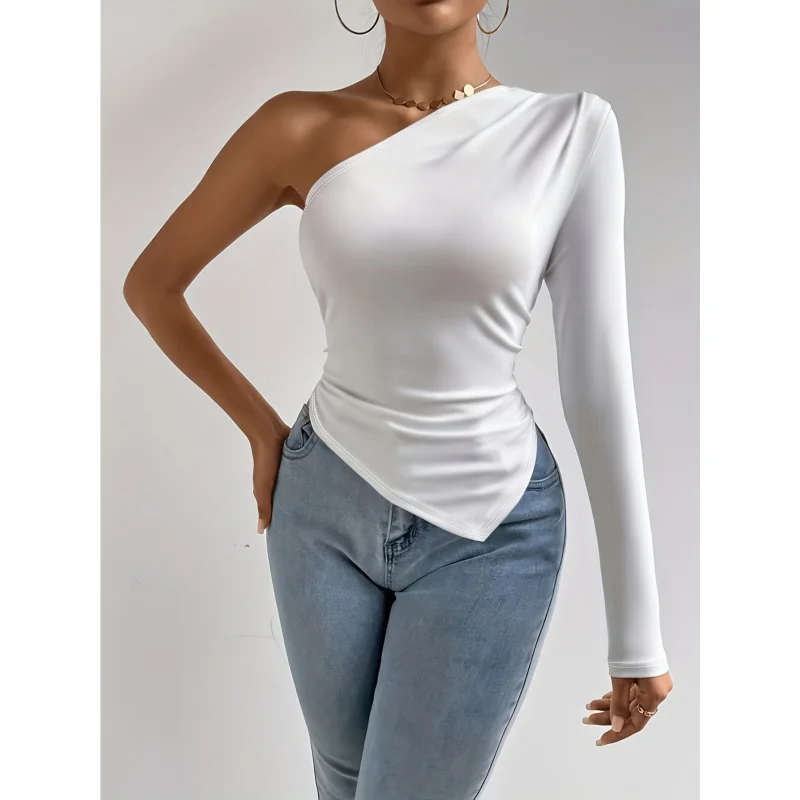 Women's Elegant Asymmetric One-Shoulder Long Sleeve-Shirt - Solid Color Top, Washable All-Season Versatile