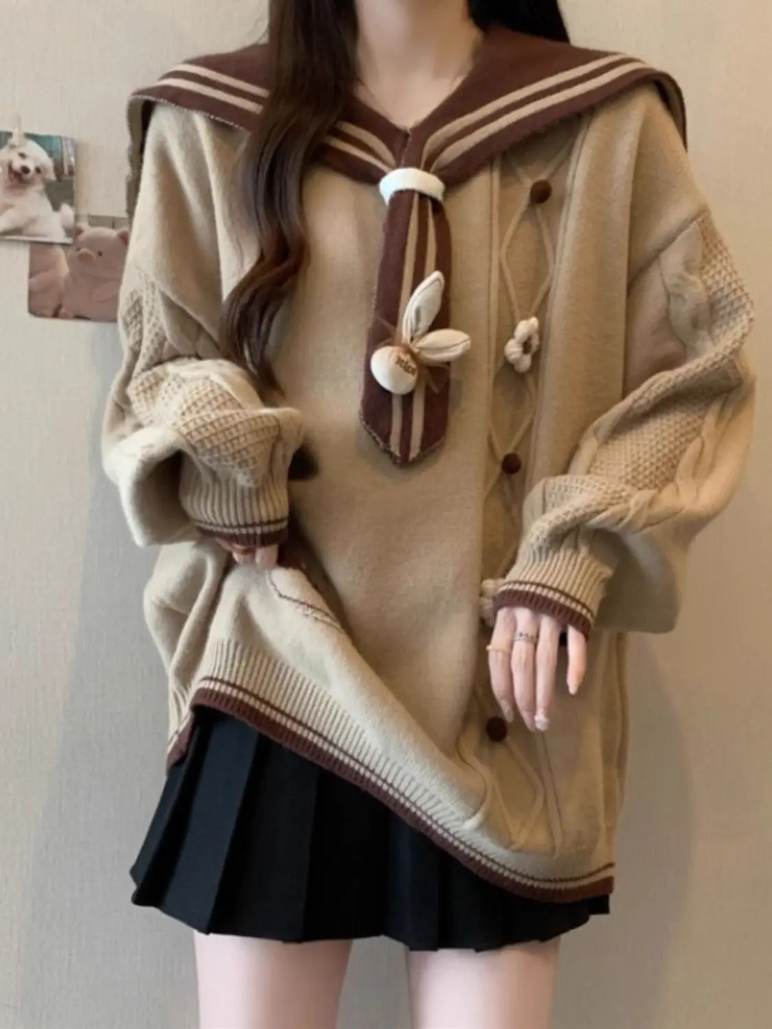 

Японский темно-синий свитер с воротником в студенческом стиле, пуловер для женщин, осенне-зимняя новая свободная верхняя вязаная куртка в стиле ретро