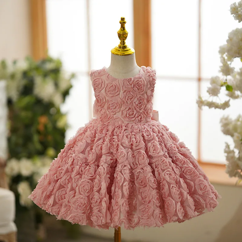 Vestido de princesa sem mangas para bebês, doces vestidos encantadores, flor rosa, vestido formal para aniversário, 1 a 6 anos de idade