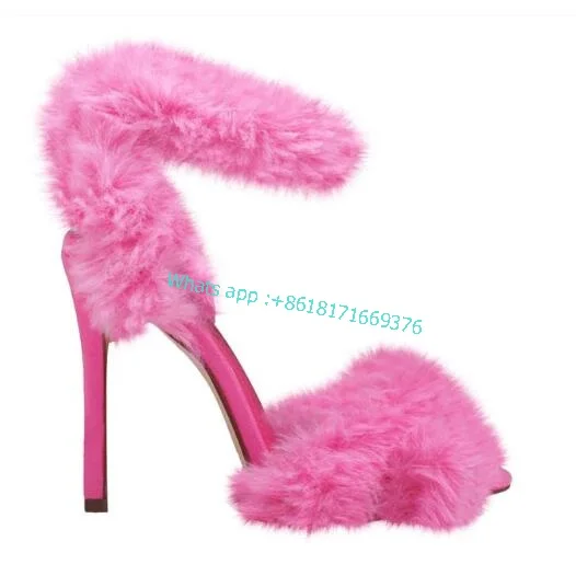 

Soft Ladies Fluffy Bold Strappy Design Sandals Women Luxury Pink Fur Thin High Heels Sandals Fashion Wedding Shoes