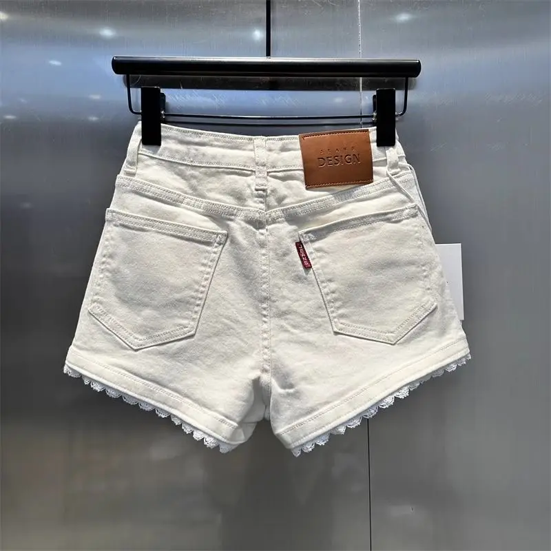 韓国風スプライスレースデニムショートパンツ レディース 2025デザイン ハイウエストゴム入り万能ホットパンツ