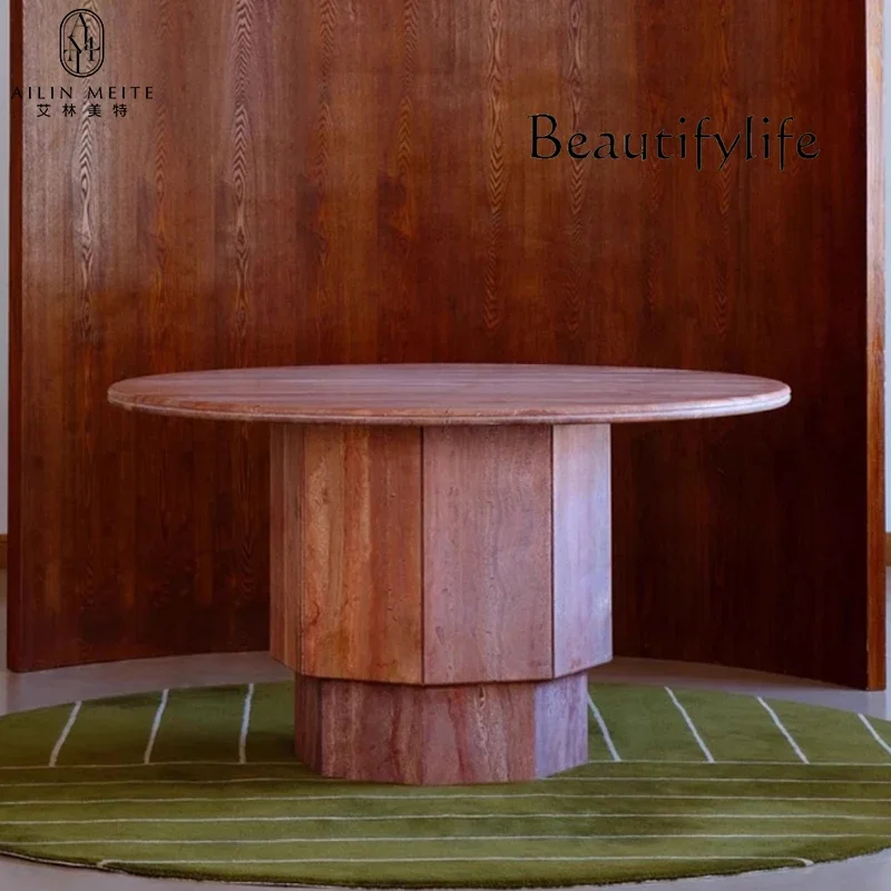 N45 Light luxury marble designer round dining table high sense Nordic minimalist red travertine dining table