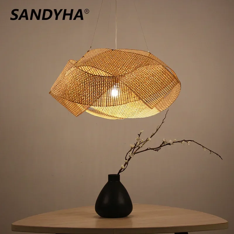SANDYHA الخيزران المنسوجة مطعم شنقا الثريا طاولة طعام الإضاءة LED مصابيح لغرفة المعيشة المقهى ديكور المنزل 2024