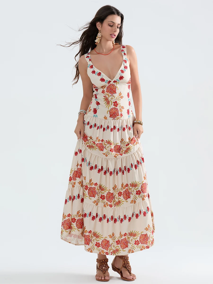 Vestido regata com estampa floral feminino, sem mangas, decote V profundo, vestido em camadas A, vestido longo e esvoaçante, verão