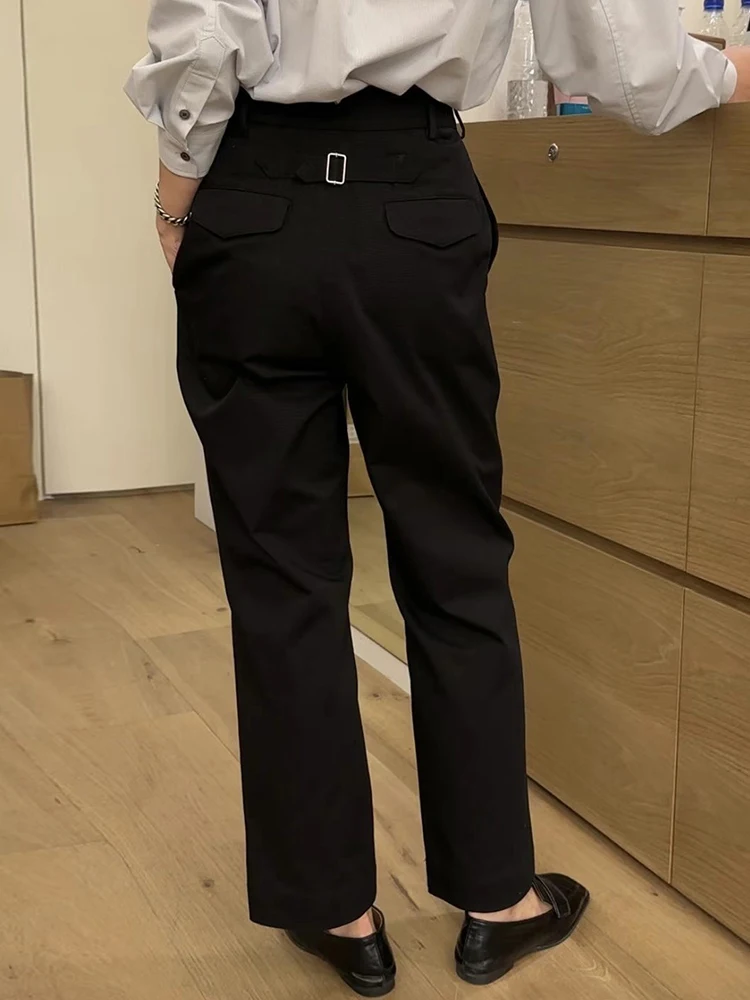 Stylish Casual Suit Pants Women Designer Buckle Waist 2024 New High Waist Wide Leg Trousers with Pocket Solid Harem Pants Female