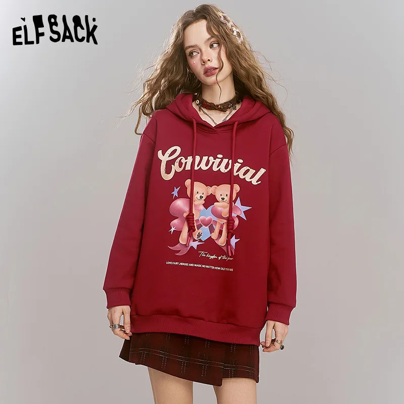 

ELFSACK 2024 Winter New Arrivals Original printed red hooded fleece warm hoodie for women