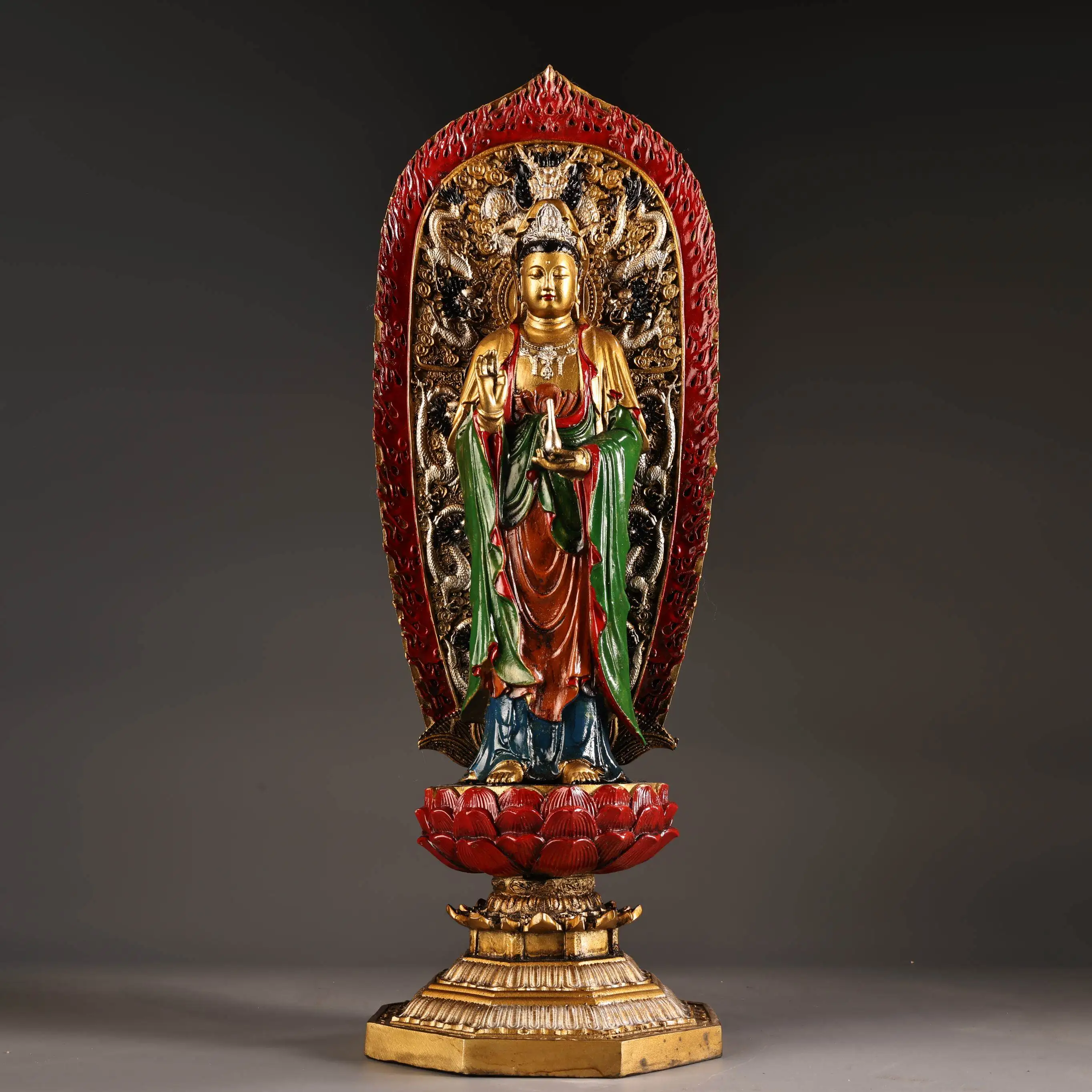 Antique Bronze Gold Silver Painted Standing Guanyin Bodhisattva Statue Serene Face Heavy Patina