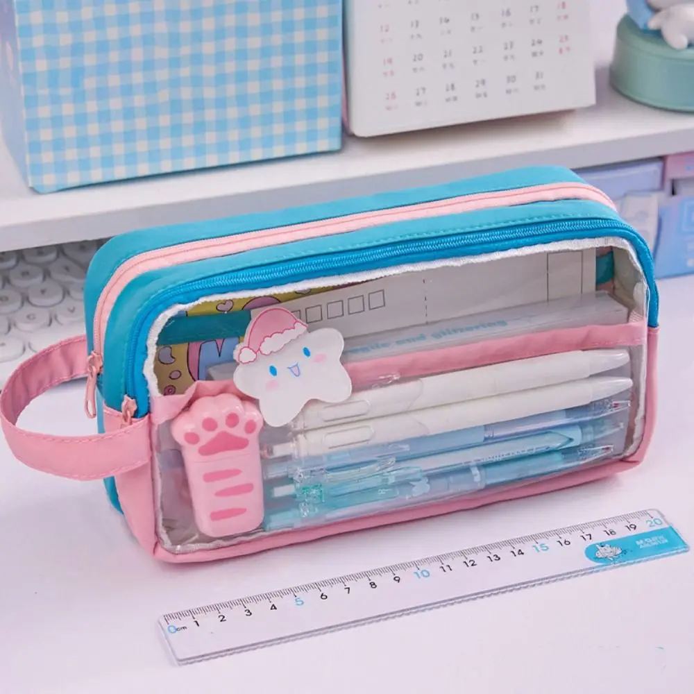 New PVC Pen Bag Contrast Color Handheld Pencil Case Transparent Large Capacity Pen Pouch Students