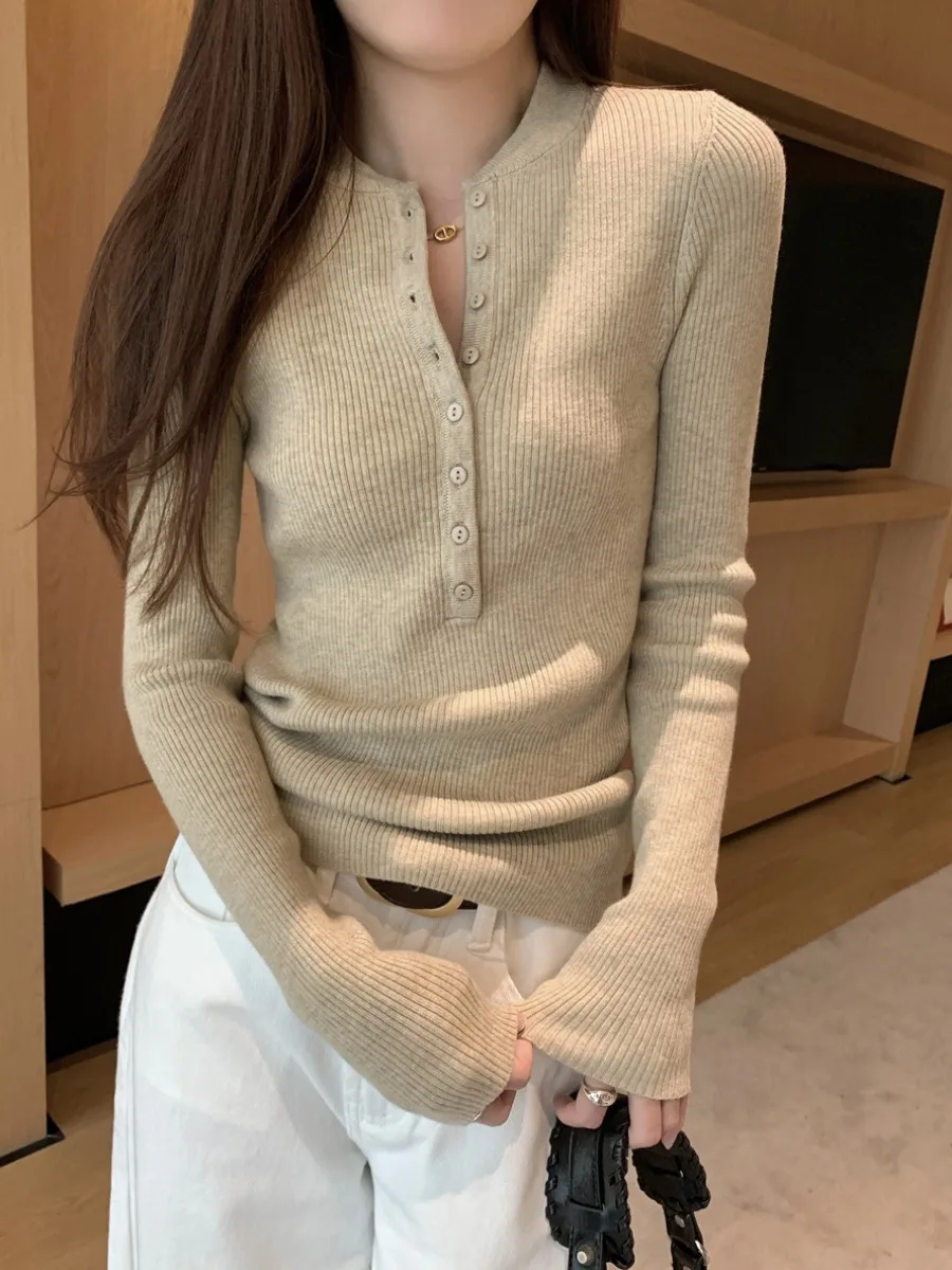 

Женская вязаная облегающая основа irt f с открытым воротником, осенне-зимняя внутренняя одежда, верхняя одежда, мягкий корейский свитер с длинным светом