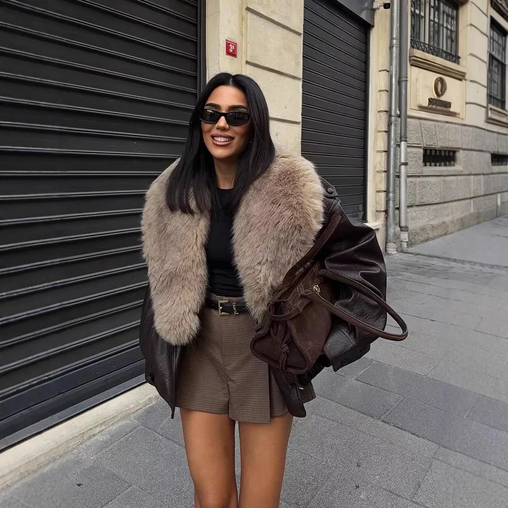 Women's Dark Brown Leather Jacket with Oversized Beige Faux Fur Collar Short Warm Luxury Winter Outerwear 2026