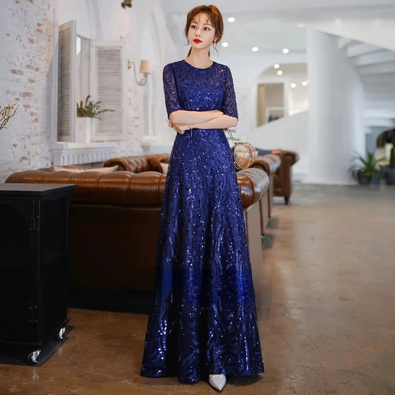 

New Luxury Sequins Evening Dress Banquet Elegant Gold Half Sleeved Party Prom Gown Robe De Soiree