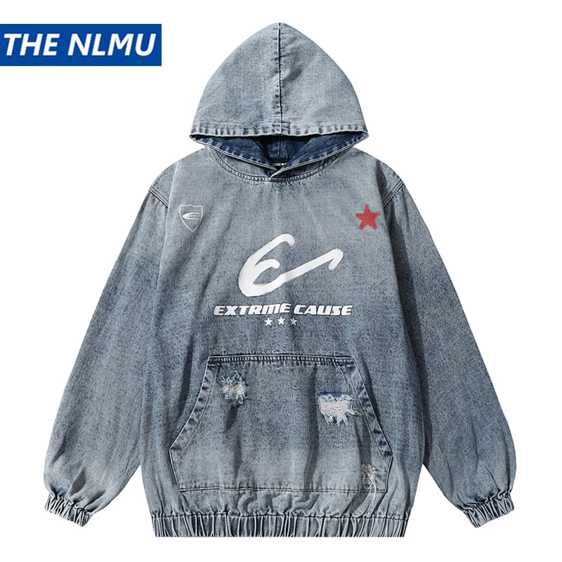 

Vintage Hooded Denim Hoodie Pullover 2024 Y2K Streetwear Hip Hop Letter Print Distressed Hole Washed Jean Sweatshirt Coat Cotton