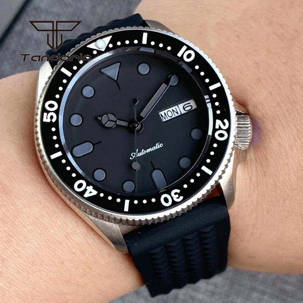 Tandorio NH36 Steel Mechanical Double Date Automatic Men's Watch 20BAR Dive Wristwatch Rotating Bezel Sapphire Crystal 3.8 Crown