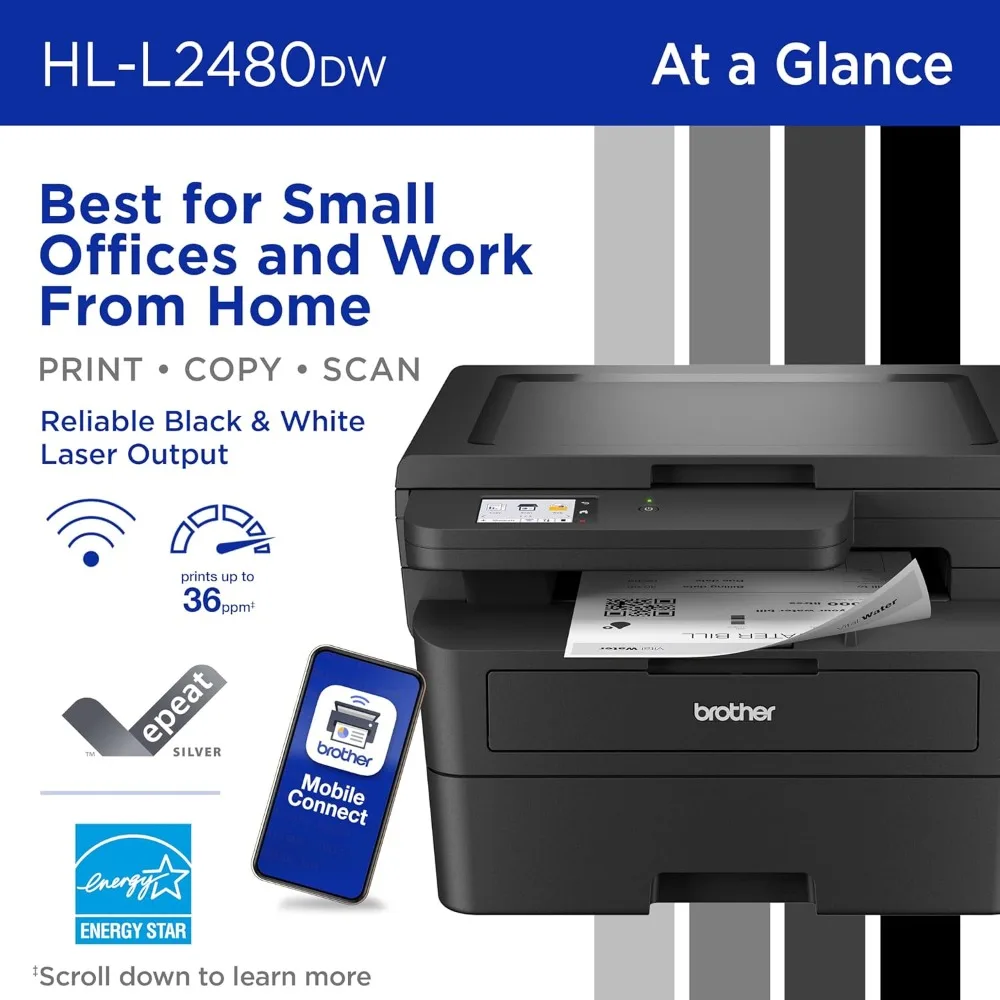 HL-L2480DW Wireless Compact Monochrome Multi-Function Laser Printer with Copy and Scan, Duplex, Mobile, Black