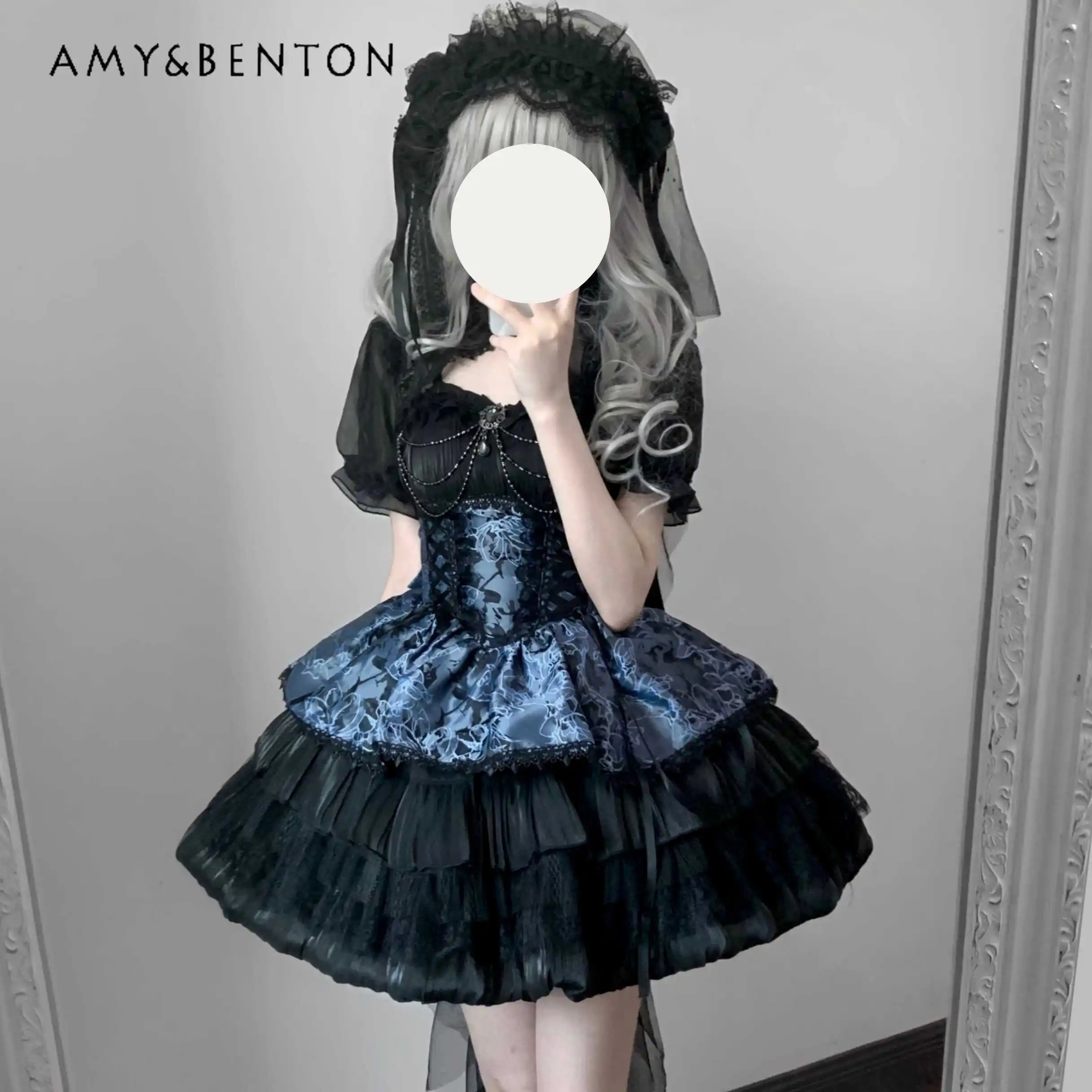 

2025 Summer New Lolita Ladies Dress Dark Theme JSK Suspender Slim High Waist Lace Print Dress Summer Black Sheer Cover Shirt