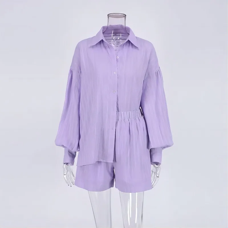 Striped Bubble Sleeve Shorts Commuter Design Sense Casual Suit European and American Temperament Shirt Jacquard Women's Clothing