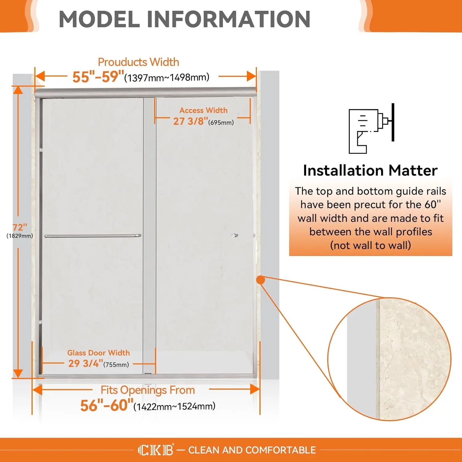 Ckb Semi-Frameless Bypass Shower Doors, 56-60 Inches W Adjustable X 72 Inches Height Double Sliding Glass Shower Door, 1/4