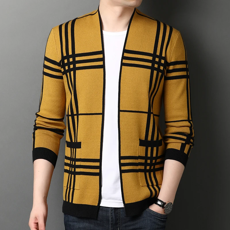 

Yellow Plaid Stylish Knitted Jackets For Mens Retro Checker Printed Cardigan Elegant Gentleman Sweaters Husband Father Big Size