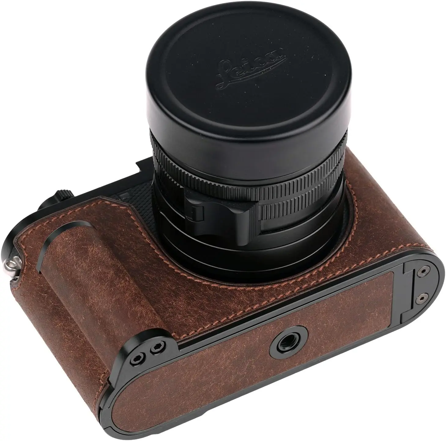 

Handmade Leather Camera Case for Leica Q3 - Cowhide Top, Metal Base, Dark Brown