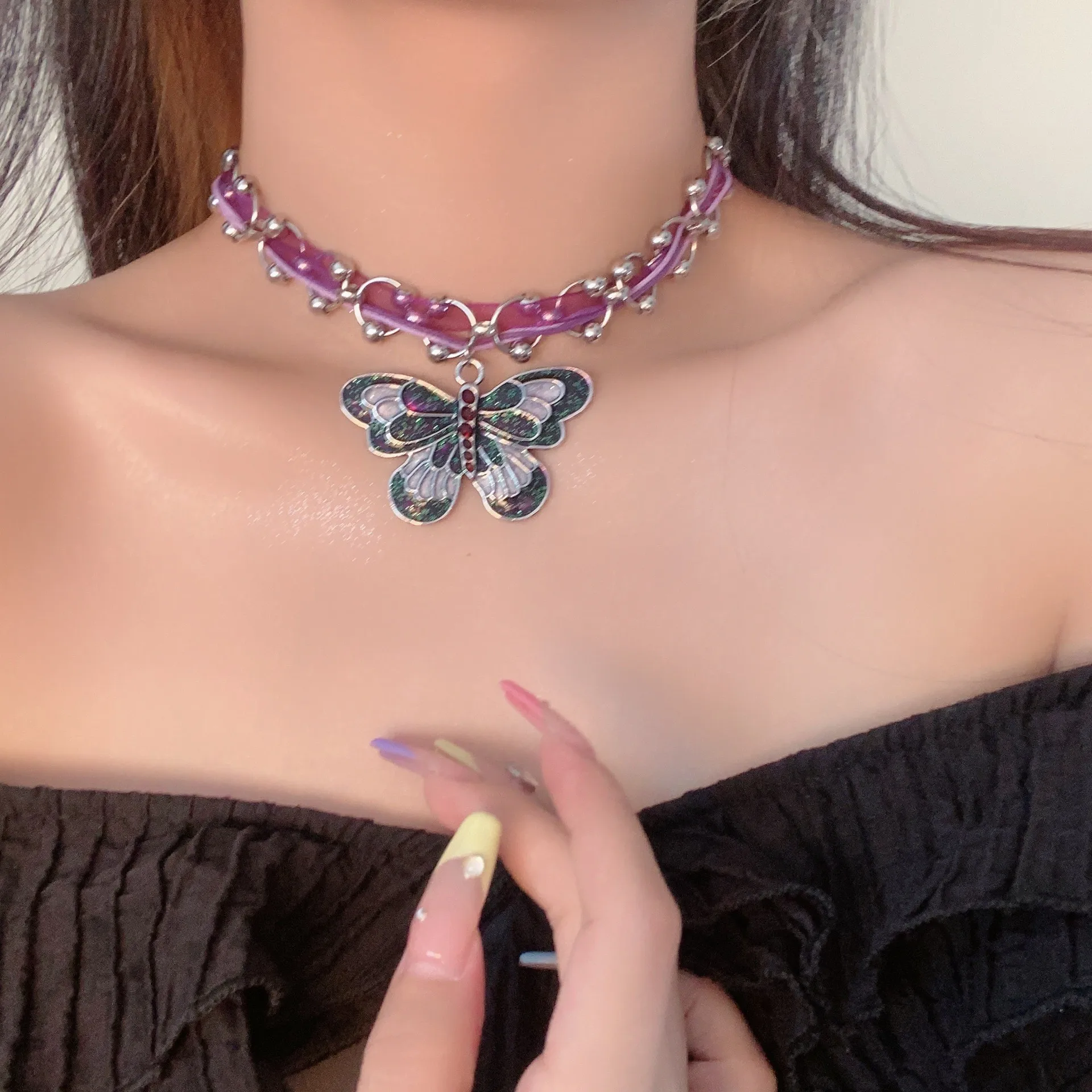 

New Gothic Colorful Stereoscopic Butterfly Pendant Necklace for Women Girls Y2K Fashion Handmade Beaded Clavicle Choker Jewelry