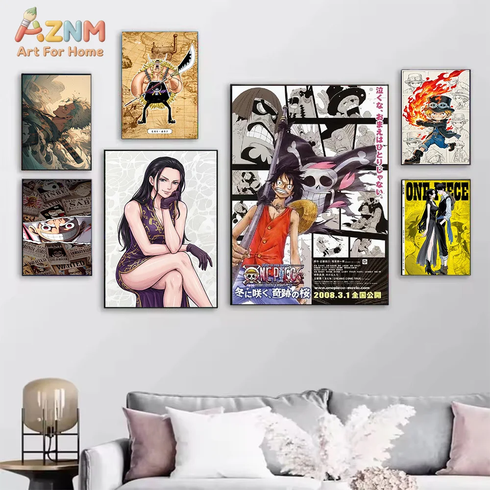 AZNM One Piece Luffy Shanks Robin Sabo Gear 5 Nika Wanted Manga Canvas Wall Art Anime Character Print Unframed Canvas Painting F