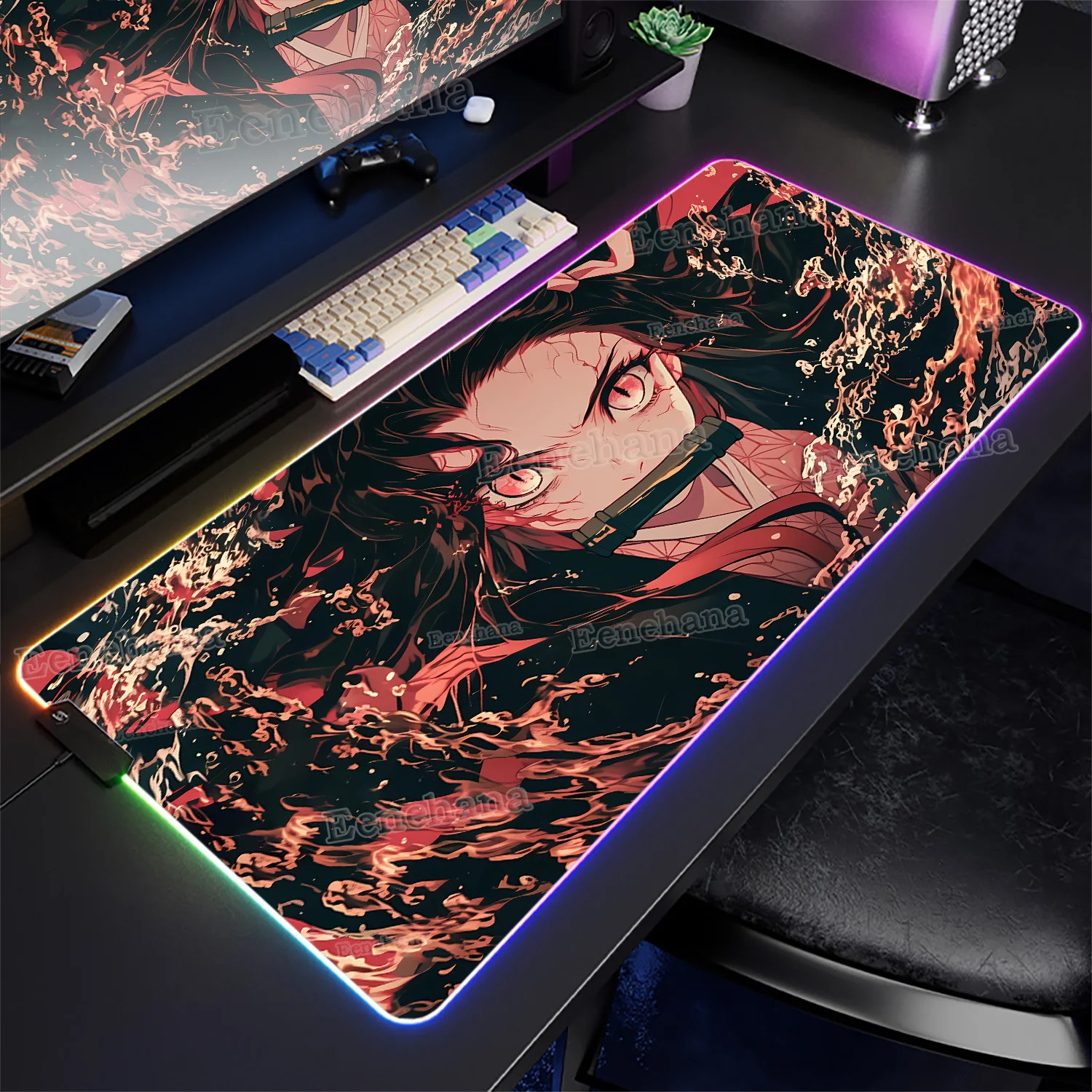 

Коврик для мыши в стиле аниме RGB Demon Slayer Deskmat XXL Kamado Nezuko, большой светодиодный светильник, клавиатура, красочный светящийся резиновый большой коврик для мыши